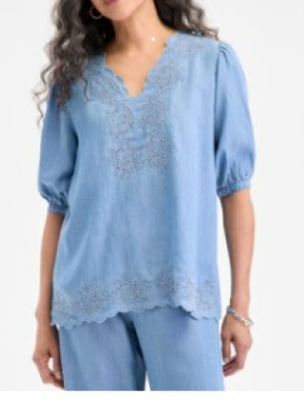 Women's Chambray Embroidered Elbow-Sleeve Top